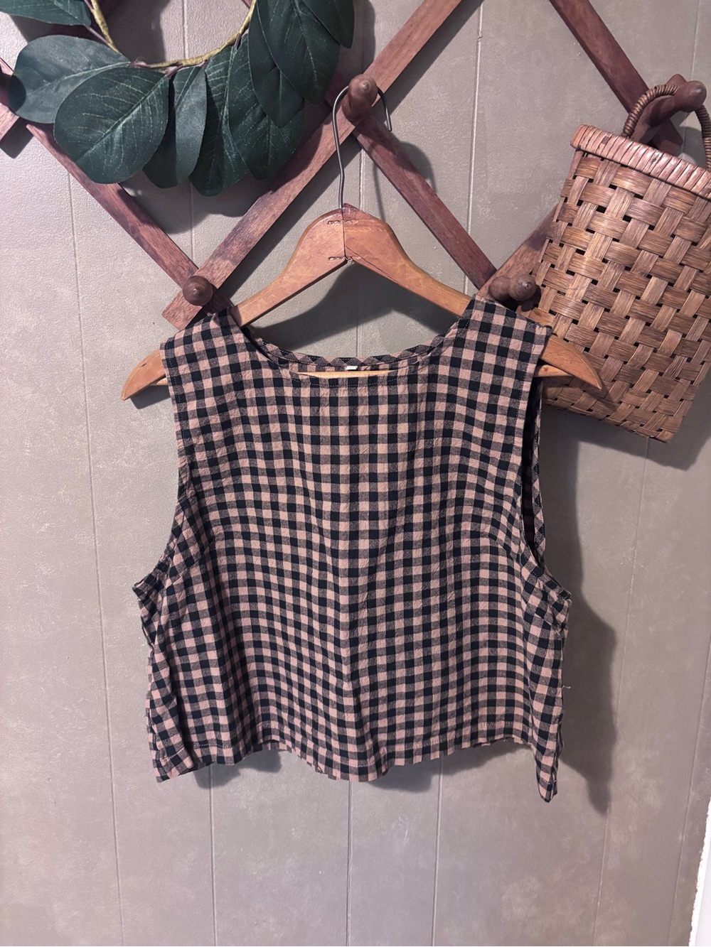 Checked Crop Tank Top in Black and Tan - Women